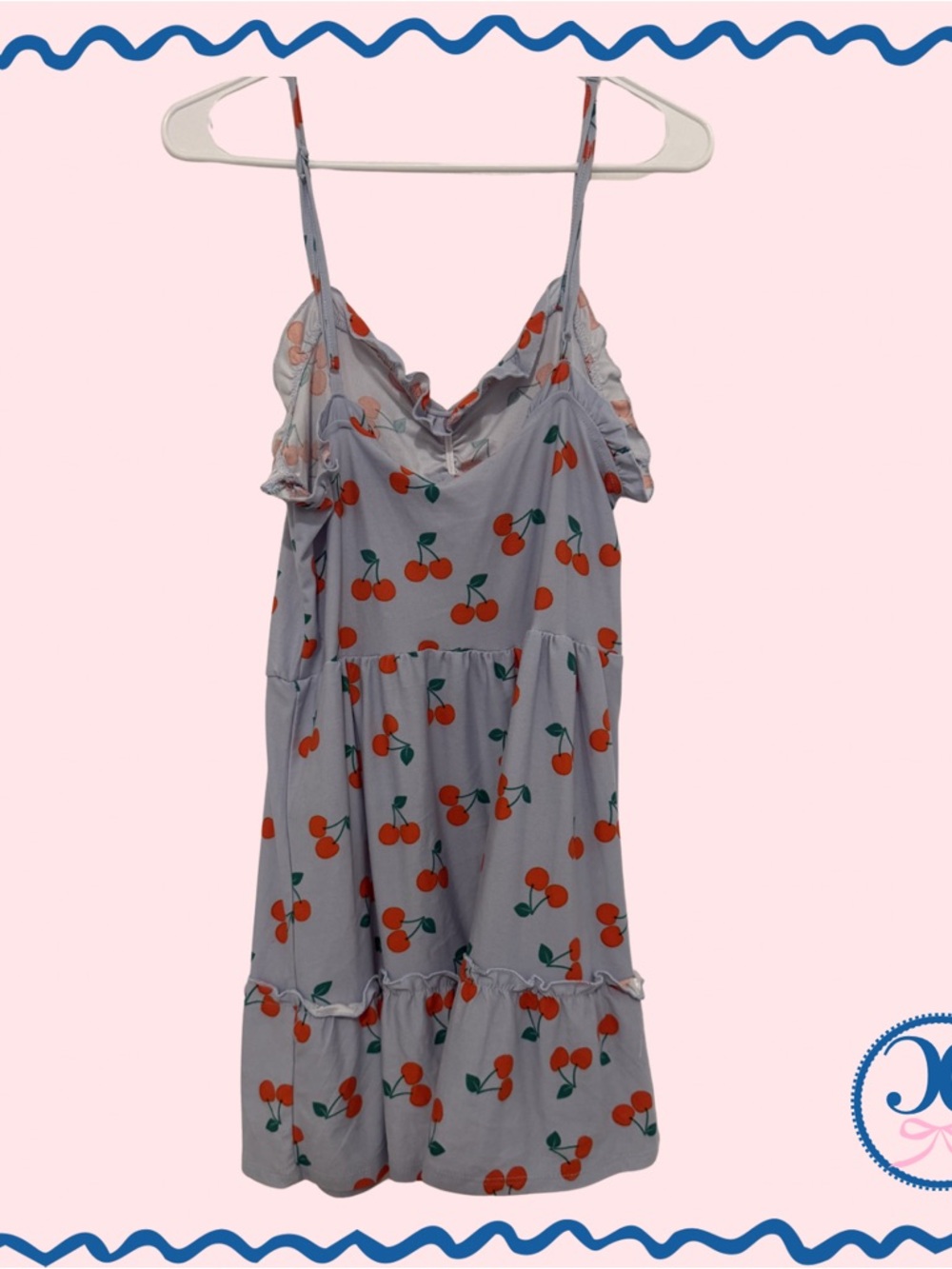 Cherry Print Ruffle Sundress - Light Blue with Red Cherries